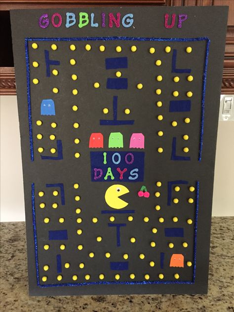 100 Days of School, Pac-man Pac Man 100 Days Of School, 100 Days Of School Boys, 100th Day Of School Poster, 100 Day Poster Ideas, Mario 100 Days Of School Poster, Pacman Theme Classroom, 100th Day Of School Projects Posters, 100 Days Of School Project Posters, 100 Days Minecraft