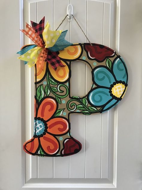 Door Hanger Initial, S Door Hanger Initial, Letter Door Hangers Initials Diy, Initial Door Hanger Letters, Letter Door Hangers Initials, Door Hangers Wooden, Door Hanger Ideas, Letter Door Hanger, Painted Door Hangers