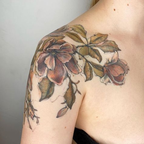 Realistic Botanical Tattoo, Muted Color Tattoo, Botanical Tattoo Leg Sleeve, Earth Tone Tattoo, Botanical Tattoo Vintage, Vintage Botanical Tattoo, Brown Tattoos, Purple Tattoo, Plant Tattoos