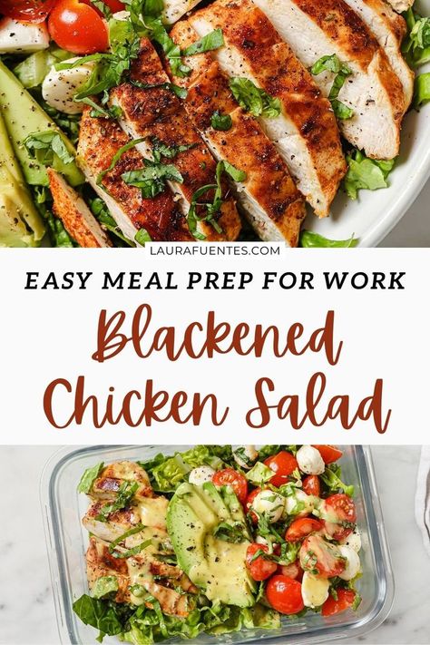 blackened chicken on top of a salad with your favorite toppings such as mozzarella, tomatoes, cheese, cilantro etc. Meal Prep For Work Lunches, Blackened Chicken Salad, Meal Prep For Work, Fast Chicken Recipes, Simple Vinaigrette, Work Lunches, Blackened Chicken, Seasoned Chicken, Chicken Salad Recipe