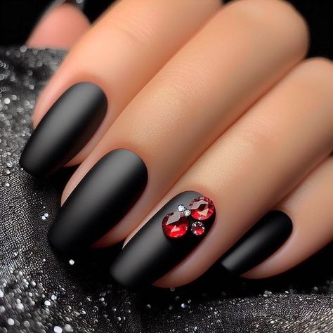 Black nails adorned with a shimmering red rhinestone Black Nail Art, Black Nail, Red Rhinestone, Valentine's Day Nails, Black Nails, Valentine Gifts, Nail Art, Valentines, Nails