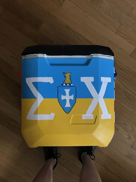 Sigma Chi Cooler Ideas, Frat Cooler Sigma Chi, Sigma Chi Frat Cooler, Sigma Chi Cooler, Flask Painting, Nola Cooler, Formal Cooler, Fraternity Coolers, Cooler Ideas