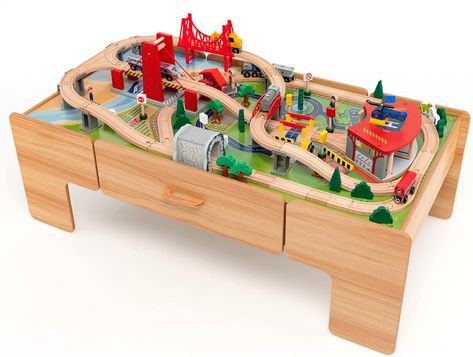 Amazon.com: HONEY JOY Train Table, Wooden Kids Activity Table with Storage, 100 Multicolor Pieces, Tracks, Trains, Cars, Toddler Train Table Set with Reversible Tabletop, Gift for Boys Girls Age 3+, Natural : Toys & Games Wooden Train Table, Train Set Table, Wooden Train Track, Kids Play Table, Kids Activity Table, Train Table, Wooden Train Set, Toddler Boy Gifts, Play Table