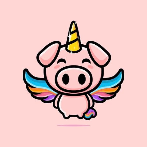 Pig Mascot, Unicorn Pig, Unicorn Cartoon, Pig Drawing, Pig Illustration, Unicorn Horn, Wings Design, Cute Pigs, Psd Icon