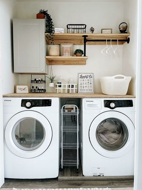 Laundry Closet Makeover, Small Laundry Room Ideas, Room Ideas On A Budget, White Laundry Rooms, Laundry Room Ideas, Farmhouse Laundry Room, Laundry Room Cabinets, Laundry Closet, Small Laundry Room