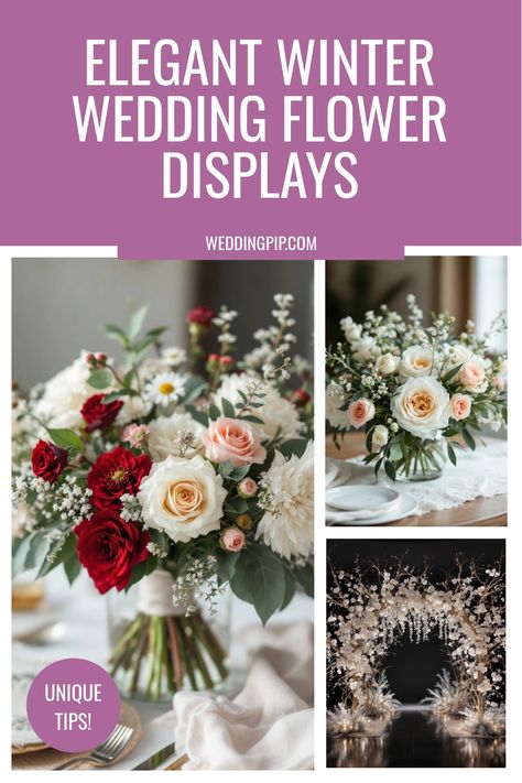 Elegant winter wedding flower arrangements featuring roses and greenery, with a unique decorative arch display. Winter Silk Flower Arrangements, Reception Table Centerpieces, Wedding Floral Arrangements, Winter Floral Arrangements, Flower Displays, Elegant Winter Wedding, Colorful Wedding Flowers, Winter Wedding Bouquet, Winter Bouquet