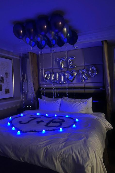 Birthday balloon decoration room surprise in royal blue purple and silver. Las Vegas suite decorating available to book online. Happy Anniversary Hotel Room Decor, Blue Birthday Room Decorations, Royal Blue And Silver Birthday Decor, Blue Hotel Room Decorations For Birthday, Suprise Birthday Room Decorations, Decorated Room For Boyfriend, Hotel Room Decorations Romantic For Him, Decorating Bf Room For Birthday, Decorated Birthday Room Boyfriend