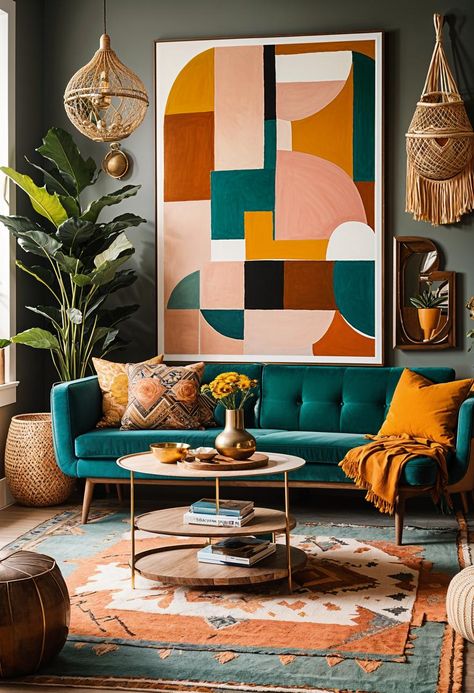 19 Gorgeous Boho Mid-Century Modern Living Room 4 Colorful Mcm Living Room, Mid Century Modern Living Room Color, Boho Mid Century Modern Living Room, Mid Century Boho Living Room, Mid Century Modern Living Room Design, Mid Century Modern Eclectic, Mcm Living Room, Boho Mid Century Modern, Boho Mid Century