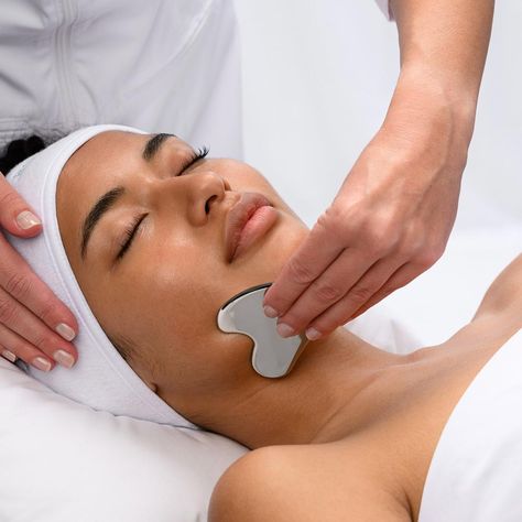 HydroPeptide's stainless steel Gua Sha facial tool deeply massages the skin to decrease fine lines and wrinkles, promote lymphatic drainage, and sculpt the face. Slim Your Face, Steel Gua Sha, Blue French Tips, Gua Sha Facial, Massage Benefits, Mug Recipes, My Energy, Muscle Tension, Gua Sha