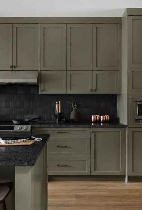 Black Stone Countertops, Fey Court, Black Tile Backsplash, Kitchen With Shaker Cabinets, Ottawa House, Kitchen Black Counter, Olive Kitchen, Olive Green Kitchen, Black Kitchen Countertops