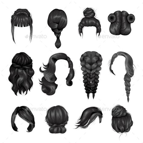 Women Wigs Hairstyle Back Icons Set Women Hair Sketch, Hair Reference Drawing Front View, Hair Drawing Reference Back View, Hair Illustration Fashion, 앞머리 스타일, Wigs Hairstyle, Back Hairstyle, Girl Hair Drawing, Hair Vector