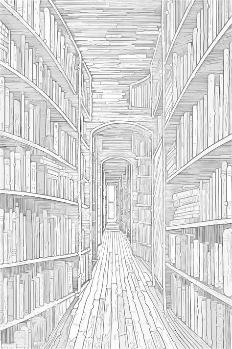 Drawing Of Library, Library Drawing Ideas, Full Page Drawings Easy, Simple Library Drawing, Old Library Drawing, Fantasy Bookshelf Drawing, Book Case Drawing, Dark Academia Coloring Pages, Bookshelf Art Drawing