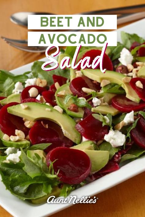 Beet & Avocado Salad - Celebrate the arrival of March with a salad PACKED with Aunt Nellie’s Sliced Pickled Beets, mixed salad greens, creamy avocado slices and crispy bacon. To top it off, the salad is drizzled with a zesty white balsamic dressing for the PERFECT finishing touch. Find the full recipe at the link below! Avocado Beet Salad, Beet And Avocado Salad, Avacodo Salad, White Balsamic Dressing, Pickled Beet Salad, Pickled Beets Recipe, Summer Pasta Salad Recipes, Plant Based Meal Planning, Mixed Salad