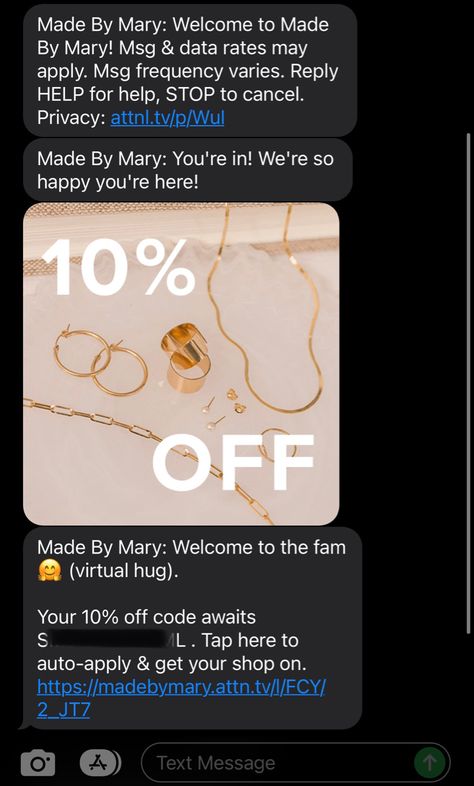 A series if texts new sms subscribers receive from Made by Mary. Great example of sms markwting by a jewelry brand. Welcome Message, Made By Mary, Virtual Hug, Sms Marketing, Jewelry Brands, The Fam, Jewelry Brand, Text Messages, Jewelry Branding