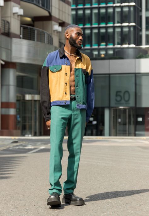 Colorful Outfits For Men, Trendy Color Block Sweater For Streetwear, Mens Colorful Streetwear, Green Color Block Windbreaker For Streetwear, Green Color Block Hoodie For Streetwear, Avant Garde Fashion Street, Avant Garde Street Style, Denim Hacks, 90s Multicolor Streetwear Outerwear