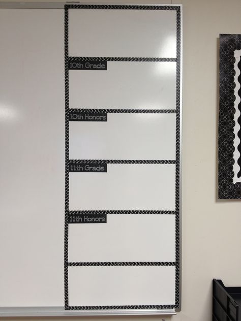 Homework chart on my whiteboard, made with Scotch brand's version of washi tape from Target. Easy to adjust or remove. Washi Tape Whiteboard Calendar, Classroom Schedule Display Middle School, Homework Board Classroom Whiteboard, Washi Tape Whiteboard Classroom, High School White Board Organization, Classroom Agenda Board, Classroom Whiteboard Organization, Classroom Agenda, Homework Board