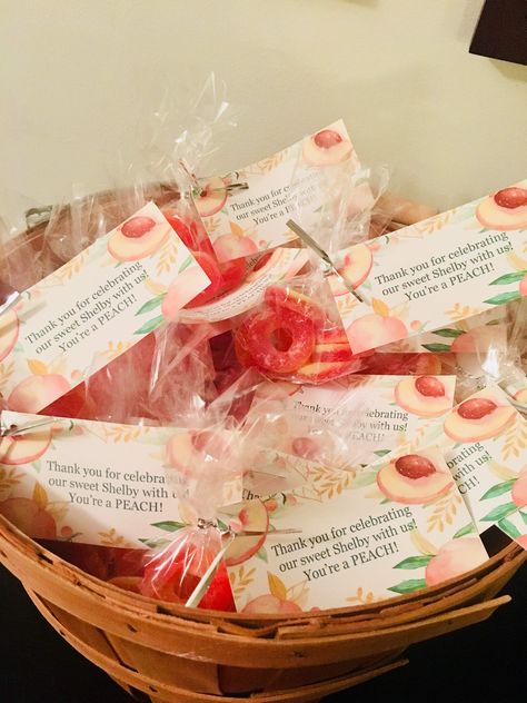 Peach Favor Ideas, Peaches Bridal Shower Theme, A Little Peach Is On The Way, Peach Bridal Shower Ideas, Sweet As A Peach Baby Shower Ideas, Peach Themed Baby Shower Ideas, Peach Baby Shower Ideas, Peach Party Favors, One Sweet Peach Birthday