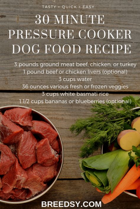 Easy 30-Minute Pressure Cooker (or slow cooker) Dog Food Recipe Cooker Dog, Homemade Dog Cookies, Dog Food Recipe, Diy Dog Food, Dog Biscuit Recipes, Dog Nutrition, Healthy Dog Food Recipes, Healthy Dog Treat Recipes, Frozen Veggies