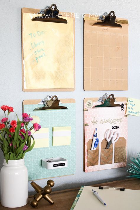 command center using clipboards #organization #clipboards Diy Kids Desk, Diy Desk Organization, Home Office Organisation, Bedroom Desk Organization, Kids Desk Organization, Office Wall Organization, Diy Office Organization, Organization Office, Command Centers