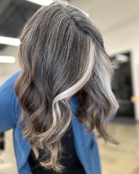 Salt-and-Pepper Money Piece Hair Transitioning to Gray Wavy Brunette Hair, Transitioning To Gray Hair, Money Piece Hair, Grey Hair Journey, Grey Hair Care, Grey Hair Dye, Grey Hair Transformation, Dark Brunette Hair, Grey Hair Inspiration