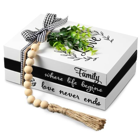 PRICES MAY VARY. What You Get: you will receive a decorative faux books set, it reads [family], [where life begins], [love never ends], 1 string of farmhouse beads with tassels, 1 piece black and white buffalo plaid ribbon, and 1 piece artificial leaf, suitable for a variety of home decoration Quality Material: wooden fake books are made of wood material, not easily broken or faded, they look like realistic books, the beads are both made of quality wood, have no peculiar smell, serving you for a Diy Wood Books, Small Living Room Designs, Fake Books Decor, Stack Displays, Wood Books, Fake Books, Farmhouse Beads, Stacked Books, Faux Books