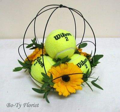 Flower Arrangement - Tennis anyone? Tennis Banquet Ideas, Tennis Ball Centerpieces Diy, Tennis Floral Arrangement, Tennis Banquet Table Decorations, Tennis Party Decorations Centerpieces, Tennis Ball Crafts, Planning Sport, Table Tennis Tournament, Tennis Decorations