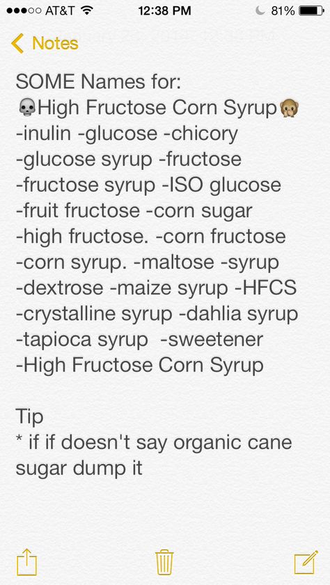 High Fructose Corn Syrup has lots a different names on labels. Here's just a few. Most artificial sweeteners are 50%+ HFCS so if you want to cut out HFCS all together stick to things like sugar, cane sugar, organic cane sugar or better alternatives like honey, organic maple syrup, & natural fruits for sweetness. High Fructose Corn Syrup Facts, Fructose Intolerance, Ibs Fodmap, Fructose Malabsorption, Fructose Free, Organic Maple Syrup, Artificial Sweeteners, Low Fodmap Diet, Living Healthy