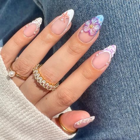 10Pcs Handmade Manicure Medium Almond Fake Nails starfish Limited Press On Nails Design with Beachy Nail Designs, Press On Nails Design, Red French Manicure, Theme Nails, Posh Nails, Moana Theme, Beachy Nails, Stunning Nails, Medium Almond