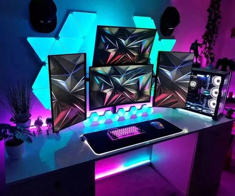 Setups | Gaming on Instagram: "4 monitor setup with nanoleaf lights 😍 Credit: @p_yeah_" Setups Gaming, Nanoleaf Lights, Pc Games Setup, Monitor Setup, Small Game Rooms, Home Office Set Up, Best Gaming Setup, Gaming Pc Build, Pc Gaming Setup