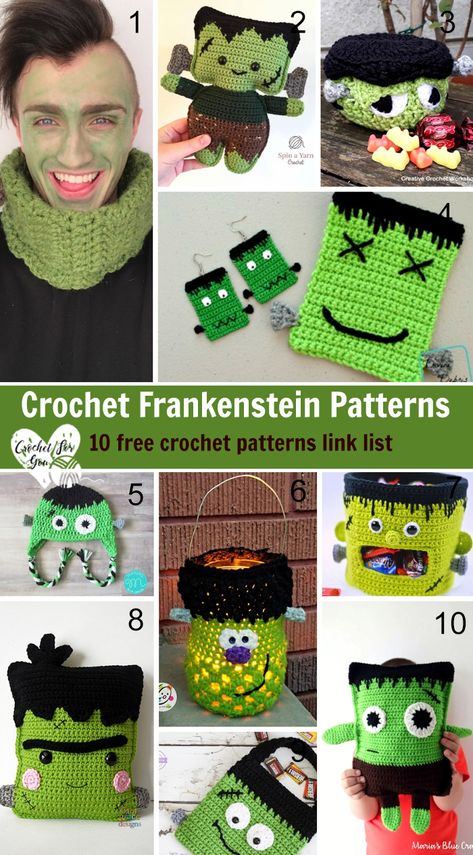 Here are 10 Free Crochet Frankenstein Patterns to use in various ways. Crochet pattern link list on Crochet For You. Frankenstein Crochet, Crochet Frankenstein, Crochet Woodland, Crochet Leaf, Crochet Bobble, Bean Stitch, Fall Crochet Patterns, Heart Crochet, Trumpet Vine