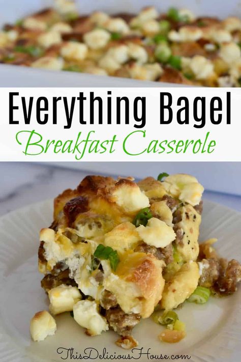 Breakfast Casserole made with sausage, everything bagels, cream cheese, cheddar, and eggs. Easy to make and great for a brunch crowd. #everythingbagel #breakfastcasserole Everything Bagel Casserole, Everything Bagel Breakfast Casserole, Bagel Casserole, Bagel Breakfast Casserole, Everything Bagel Breakfast, Bagel Breakfast, Everything Bagels, Delicious Breakfast Casserole, Hashbrown Breakfast Casserole