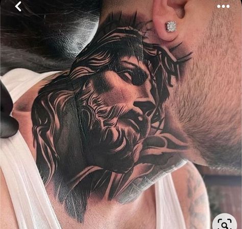 Angel Tattoo Men Neck, Jesus Neck Tattoo, Angle Tattoo For Men, Jesus On Cross Tattoo, Front Neck Tattoo, Full Neck Tattoos, Jesus Tattoo Design, Best Neck Tattoos, Bear Tattoo Designs