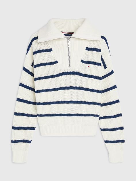 White Knit Sweater Outfit, Tommy Hilfiger Jumper, Knit Sweater Outfit, Jumper Designs, Luxury Jacket, Half Zip Jumper, Tommy Hilfiger Girl, Tommy Hilfiger Kids, Beige Pullover