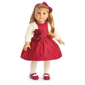 Maryellen's Christmas Party Outfit | American Girl Wiki | Fandom Party Outfit Dress, American Girl Maryellen, Maryellen Larkin, Christmas Dress Outfit, Strawberry Outfit, White Cropped Jacket, American Girl Toys, Red Christmas Dress, Red Polka Dot Dress