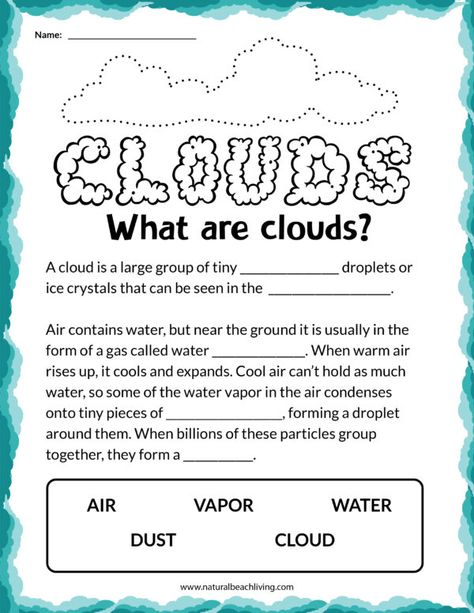 Clouds Activities for Kindergarten - Natural Beach Living Weather Lessons For Kindergarten, Cloud Activities For Preschool, Clouds Kindergarten, Cloud Lessons, Cloud Worksheet, Clouds Activities, Clouds Lesson Plan, Clouds Lesson, Weather Science Activities