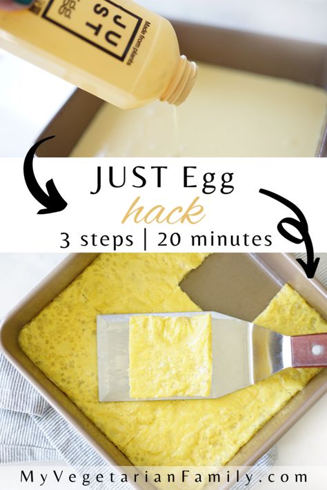 Just Egg Hack | My Vegetarian Family #justegghack #justeggbake #bakedjustegg Homemade Just Egg Recipe, Vegan Just Egg Recipes, Vegan Egg Bake, Homemade Just Egg, Diy Just Egg, Liquid Eggs Recipes, Just Egg Vegan Recipes, Egg Free Breakfast Ideas, Just Egg Recipes