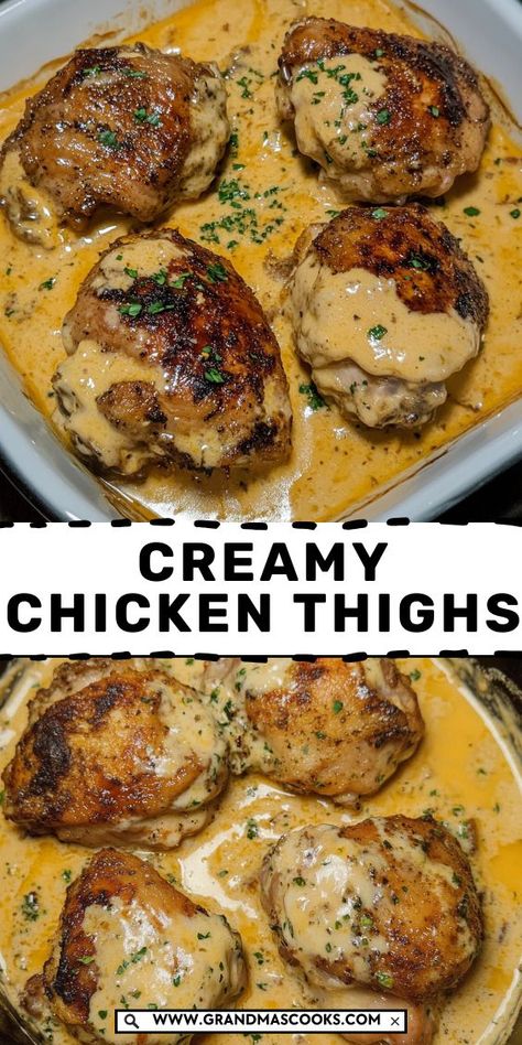 These Creamy Chicken Thighs are packed with flavor and tender juiciness. Simmered in a creamy sauce with herbs and garlic, they’re the perfect comfort food for cozy nights in. Serve with your favorite sides for an unforgettable meal! Chicken Thigh Supper Ideas, Easy Keto Chicken Thigh Recipes, Chicken Thigh Recipes With Heavy Cream, Savory Chicken Thigh Recipes, Easy Chicken Thigh Meals, Chicken Thigh Dishes For Dinner, Chicken Thigh Sauce Recipe, White Wine Chicken Thighs, Best Chicken Thighs Recipe