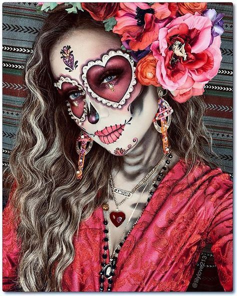 Pink Dia De Los Muertos Makeup Ideas, Dia Del Muerto Make Up, Red Day Of The Dead Makeup, Dia De Los Muertos Costumes For Couples, Dia De Los Muertos Couple Costume Ideas, Diy Sugar Skull Costume, Catrina Outfit Costume Ideas, Sugarskulls Makeup, Dia De Los Muertos Outfit For Women