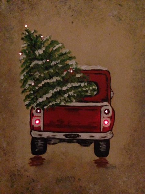 Painting Christmas Trees, Christmas Tree Canvas, Christmas Tree Drawing, Christmas Tree Truck, Christmas Red Truck, Christmas Paintings On Canvas, Painting Christmas, Christmas Tree Painting, Christmas Canvas