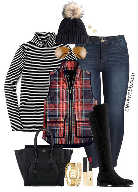 Plus Size Tartan Plaid Vest Outfit with wide calf OTK boots, skinny jeans, striped turtleneck and Celine bag. Alexa Webb #plussize #alexawebb Plaid Vest Outfit, Alexa Webb, Vest Outfit, Working Women, Vintage Mens Fashion, Plaid Vest, Striped Turtleneck, Vest Outfits, Tartan Plaid