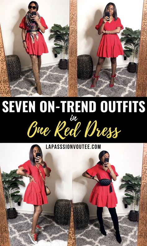 7 Easy Ways to Wear a Red Dress | Worried that red might be too bold for you? Here are outfit options wearing a red shift dress you can steal to help you effortlessly slay a red dress this season. Everything from a casual look with on-trend sneakers and work denim for the career woman to keeping warm with a blanket scarf and being the life of the party in an all-red monochrome outfit. I’ve got you covered! Red Dress Layered Outfit, How To Style A Red Dress, Short Red Dress Casual, Casual Red Dress Outfit, Red Dress Outfit Ideas, Black Fashion Bloggers, Red Dress Casual, Red Shift Dress, Trend Sneakers