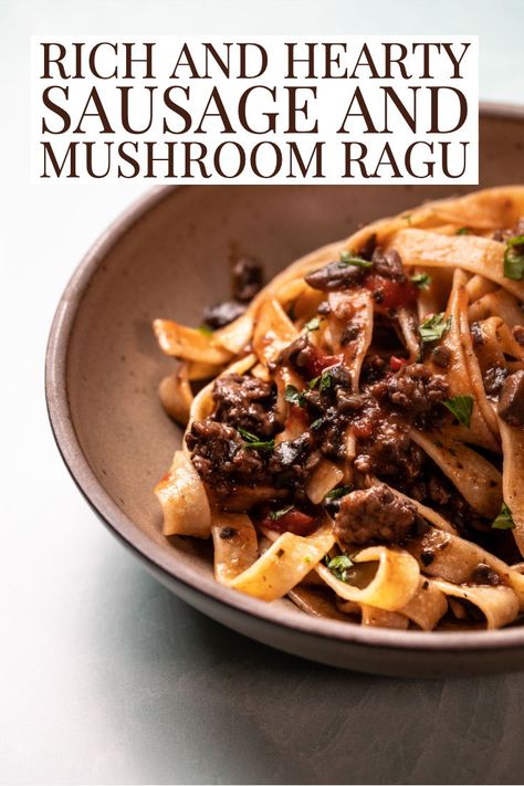 Rich and Hearty Sausage and Mushroom Ragu - this meaty and mushroomy pasta sauce is restaurant quality, but so easy to make! Italian Sausage Ragu, Italian Sausage And Mushroom Recipes, Italian Sausage Mushroom Pasta, Sausage Mushroom Pasta, Sausage And Mushroom Pasta, Sausage And Mushrooms, Fennel Pasta, Mushroom Pasta Sauce, Sausage Mushroom