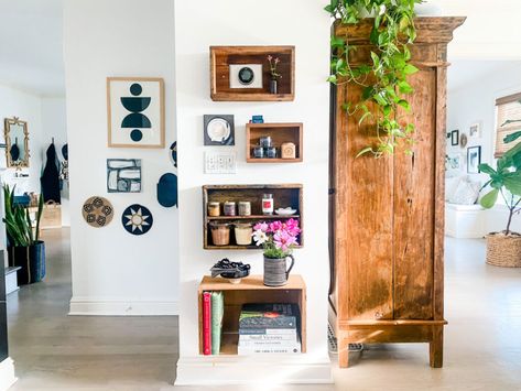 How to hide a thermostat that's in the middle of the wall! | Most Lovely Things Hide A Thermostat, Hide Thermostat, Vintage Wood Crates, Crate Decor, Vintage Crates, Wall Mounted Cabinet, Brick Colors, Wood Crates, Wooden Crates