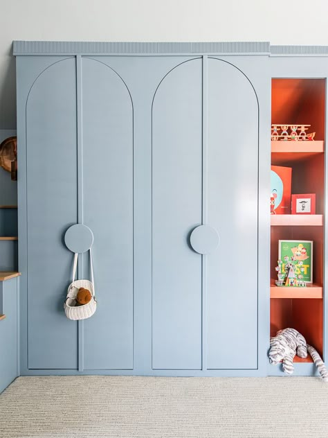 Built In Wardrobe Kids Room, Playroom Cupboards, Playroom Toy Storage Ideas, Playful Interior Design, Kids Room Closet, Arched Cabinet Doors, Closet Playroom, Kids Nursery Ideas, Movie Seats