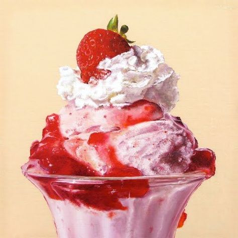 Oriana Kacicek Ice Cream Sunday, Food Watercolor, Hyperrealistic Art, Strawberry Sundae, Dessert Illustration, Oil Color, Food Painting, Paintings Art, Candy Desserts