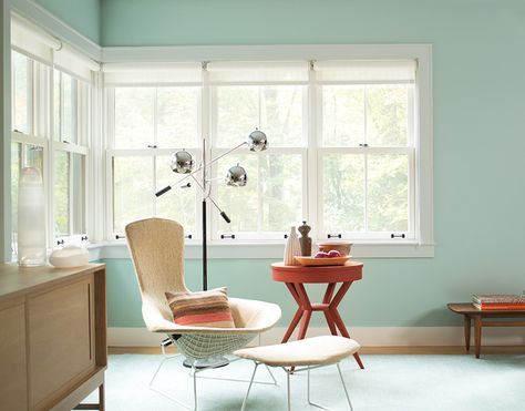 Midcentury Modern  Paint Colors - Benjamin Moore's Wythe Blue HC-143. Via @benjamin_moore Midcentury Modern Paint Colors, Attic Office Space, Midcentury Modern Color Palette, Benjamin Moore Wythe Blue, Midcentury Modern Dining Room, Corner Of A Room, Wythe Blue, Modern Paint Colors, Blue Grey Walls