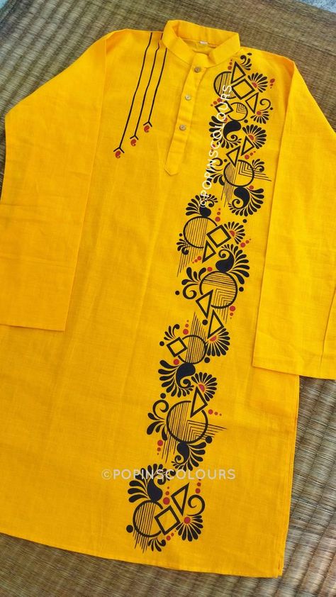 Fabric Painting For Kurtis, Fabric Painting Kurta, Navratri Fabric Painting, Punjabi Fabric Design, Kolka Design Panjabi, Panjabi Fabric Painting, Kurta Painting Design For Man, Painting On Clothes T Shirts, Panjabi Design