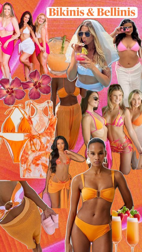 Orange and pink theme bridal bachelorette Sunset Color Bachelorette Outfits, Hot Pink And Orange Bachelorette, Pink Orange Bachelorette, Sunset Bachelorette Theme, Orange Theme, Pink Bachelorette, Bachelorette Themes, Pink Bride, Beach Bachelorette