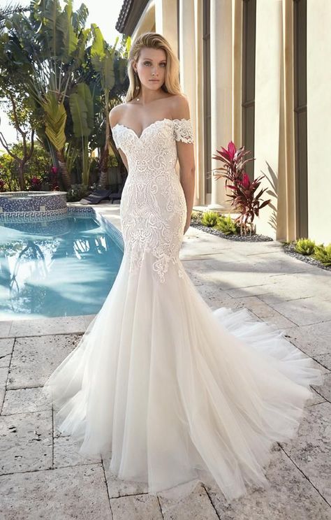 Off-the-shoulder Cap sleeves add a romantic touch to this alluring Sweetheart neck Fit n flare gown #Off-the-shoulder #Cap #sleeves #add #romantic #touch #this #alluring #Sweetheart #neck #Fit #flare #gown Light Blue Wedding Dress, Arabic Wedding Dresses, Formal Wedding Guest Dress, Off Shoulder Wedding Dress, Classy Wedding Dress, Floral Wedding Dress, Fit And Flare Wedding Dress, Traditional Wedding Dresses, Lace Blue Dress