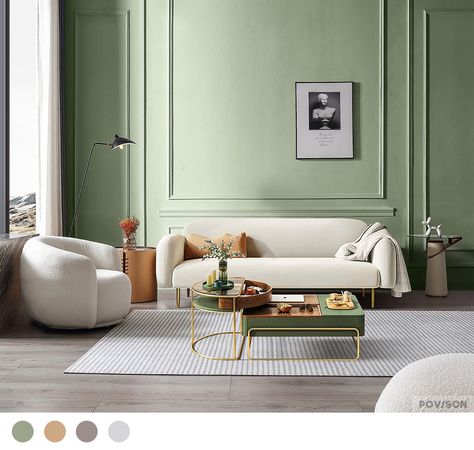 Beige Wall Paint, Ual London, Rust Sofa, Cottage Bathroom Inspiration, Beige Wall Paints, 2022 Color Trends, Leather Side Table, Green Room Decor, The 4 Seasons